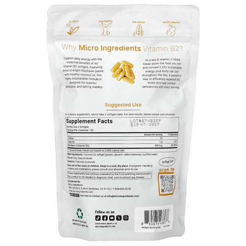 Micro Ingredients, витамин B2, рибофлавин, 240 капсул (200 мг в 1 капсуле)