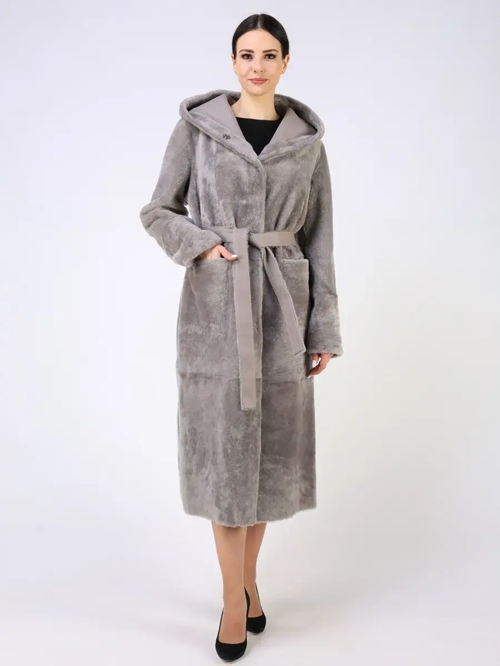 Дубленка зимняя шуба натуральная с капюшоном длинная