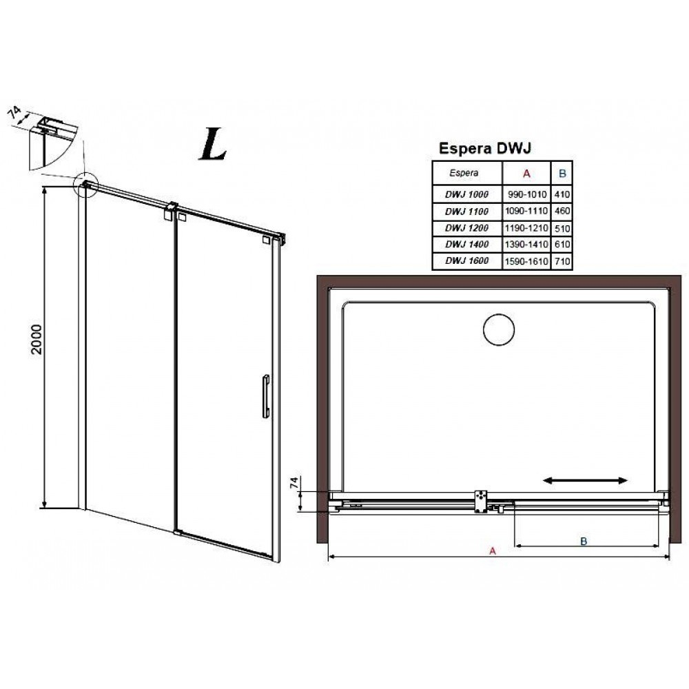 Душевая дверь  Radaway Espera DWJ L  110x200 см. левая, профиль хром, стекло прозрачное 380111-01L схема