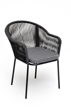 "Лион" стул плетеный из роупа, каркас алюминий темно-серый (RAL7024) муар, роуп темно-серый круглый, ткань темно-серая 027