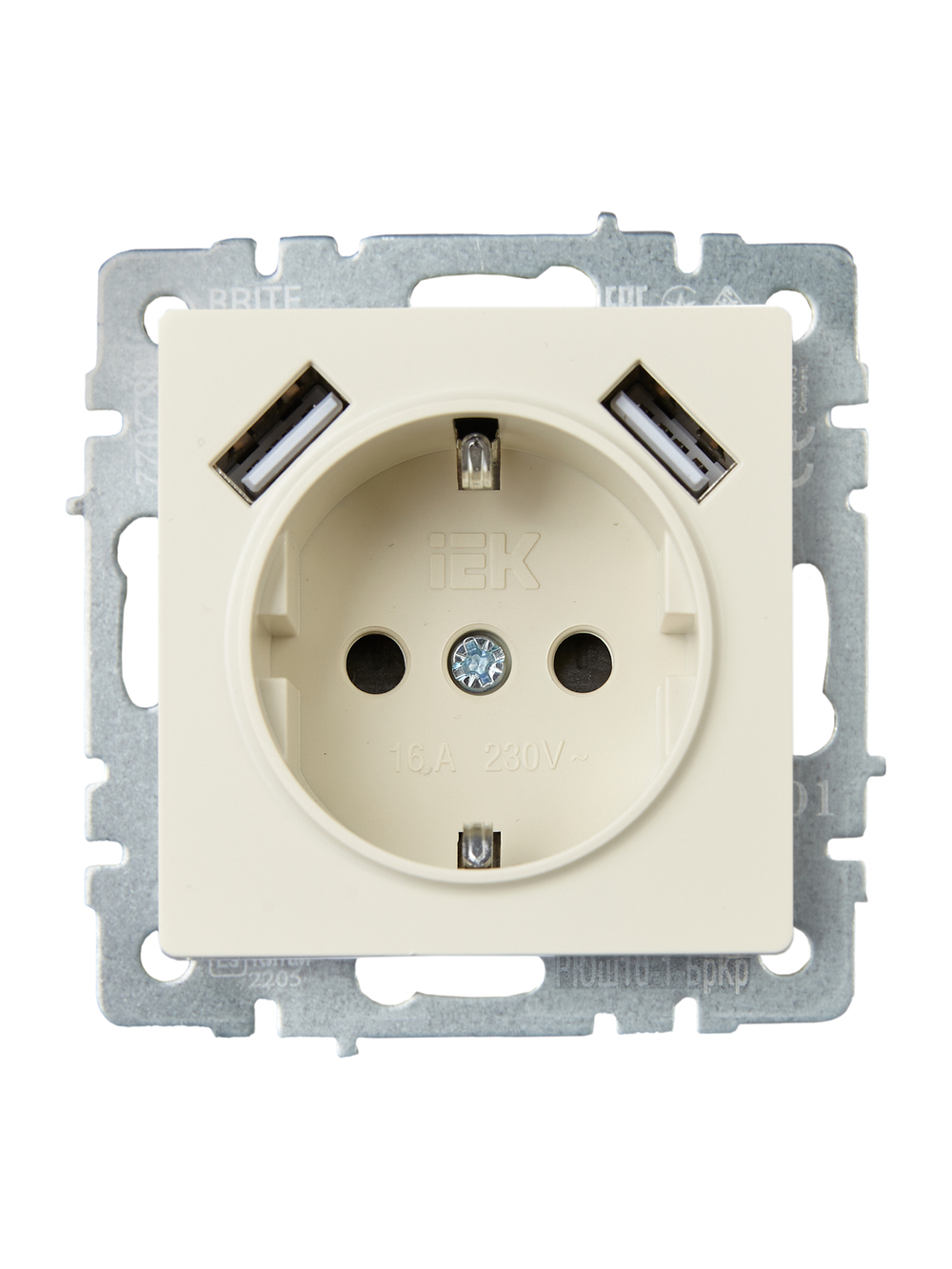 BRITE Розетка 1-местная с заземлением с защитными шторками 16А с USB A+A 5В 2,1А РЮш10-1-БрКр бежевый IEK