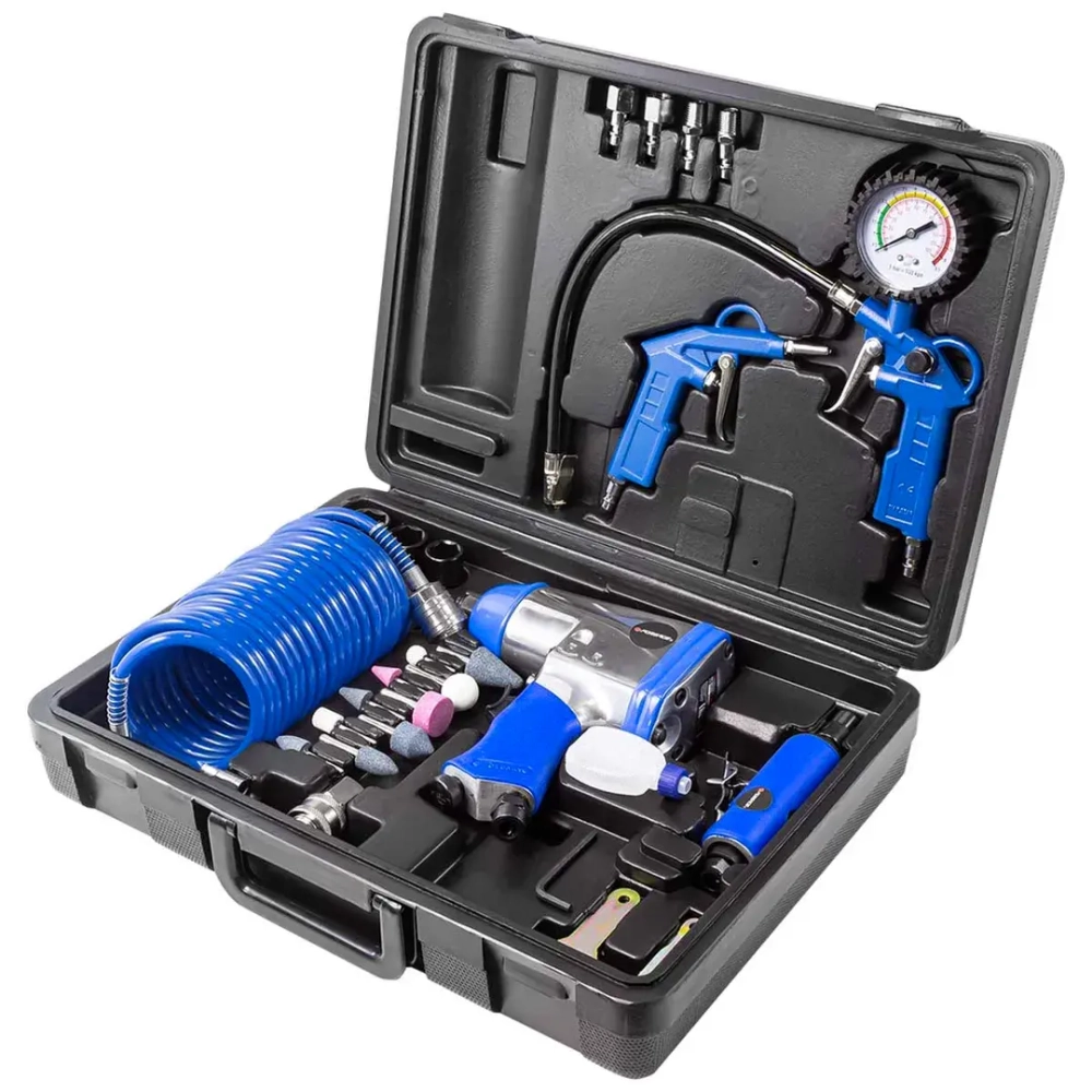 Набор инструментов пневматических с аксессуарами 15пр(гайковерт-320н/м,пневмозач.машинка-цанга 6мм,25000об/мин,подкачка,продувоч.пистолет,шланг5м) Forsage F-RP7811-15 (RP7313, ST-5540)