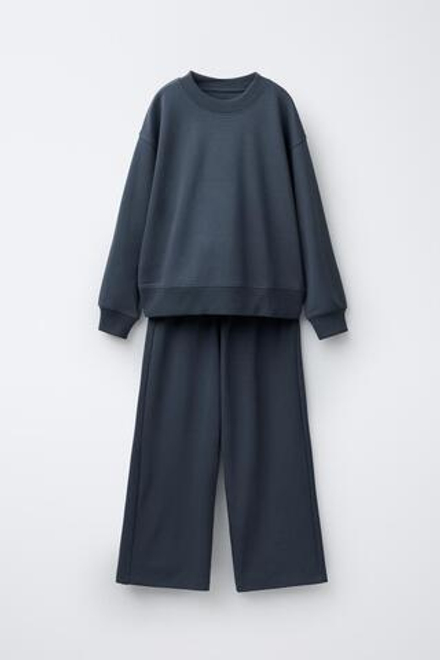 ZARA КОМПЛЕКТ ИЗ ТОЛСТОВКИ И БРЮК WIDE LEG ИЗ ФЛИСА, СТАЛЬНОЙ СИНИЙ