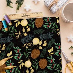 Ткань блэкаут клюква, хвойные ветки, шишки и ёлочные шары