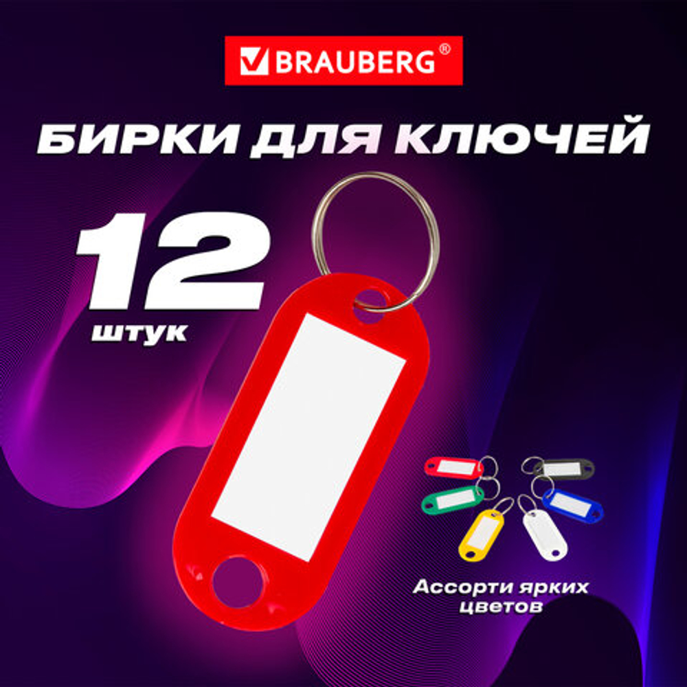 Бирки для ключей КОМПЛЕКТ 12 шт., длина 50 мм, инфо-окно 30×15 мм, АССОРТИ, BRAUBERG, 231151