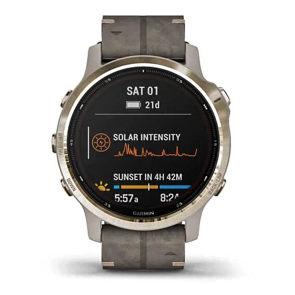 Спортивные наручные часы Garmin Fenix 6s Pro Solar золотистый с серым замшевым ремешком 010-02409-26