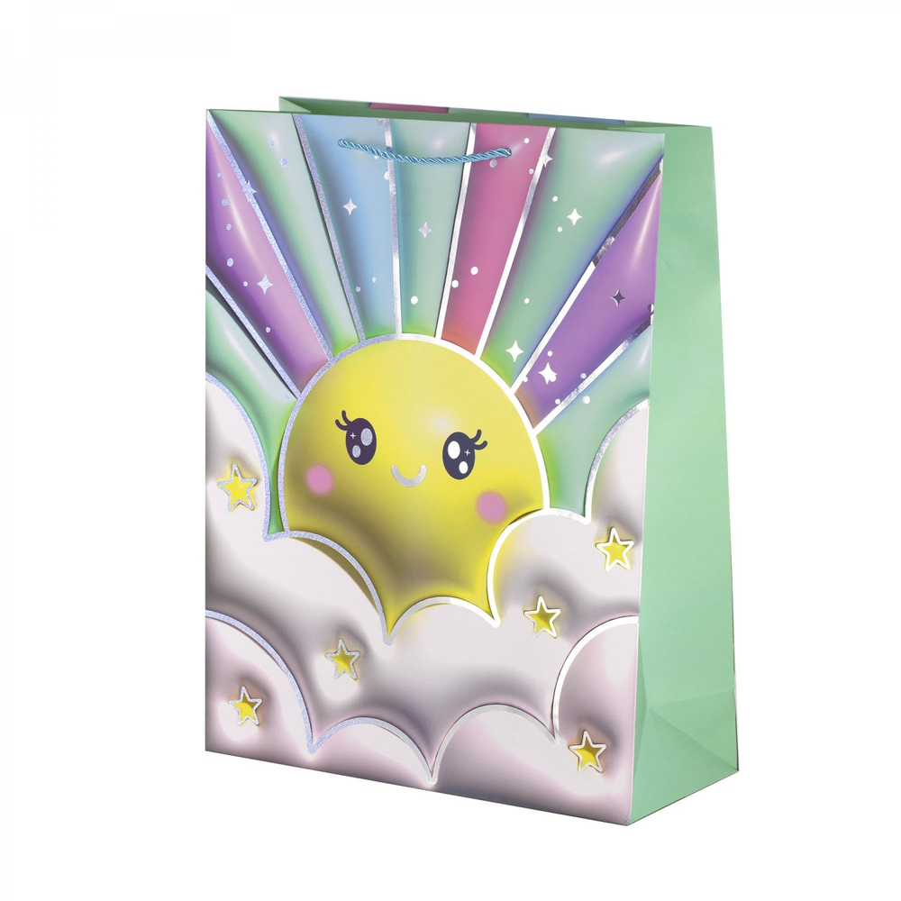 Пакет подарочный бумажный Alingar, (L+) 26х32х10 см, вертикальный, "Радуга и облачка", матов. ламинация, тиснение голография, эффект 3D, ассорти