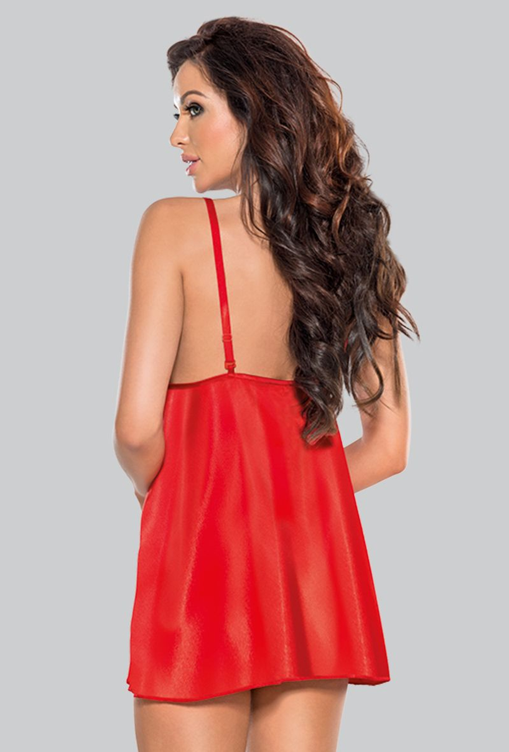 Атласная ночная сорочка с кружевом (Размер: M-L) (Цвет: красный)