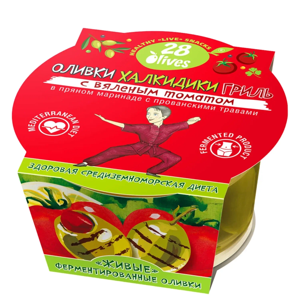Оливки Халкидики ГРИЛЬ с вяленым томатом в маринаде с прованскими травами 28Olives, 150 г, упаковка спереди