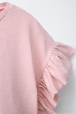 ZARA ФУТБОЛКА С ВОЛАНАМИ, ПУДРОВО-РОЗОВЫЙ