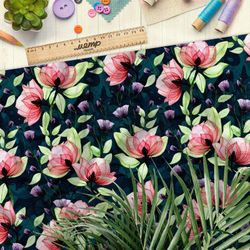 Ткань таффета графичные цветы на тёмно-зелёном фоне