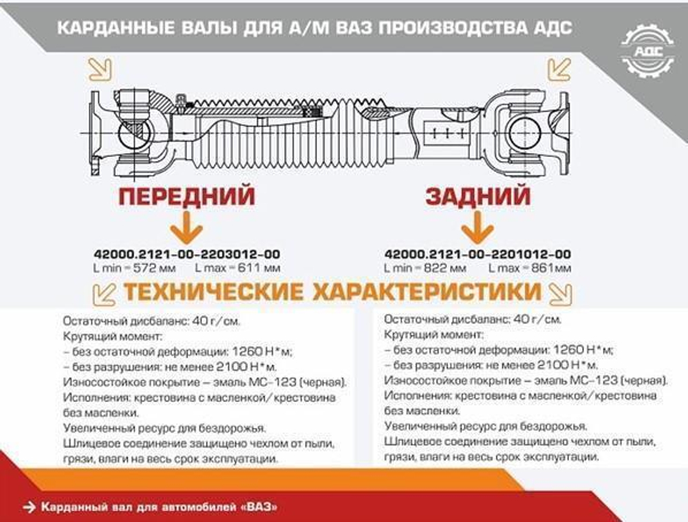 Вал карданный длинный ВАЗ 2121-214 задний на крестовинах Уаз АДС
