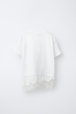 ZARA КОМБИНИРОВАННАЯ ФУТБОЛКА С КРУЖЕВОМ, БЕЛЫЙ