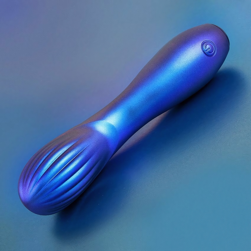 Синий вибромассажер с загнутой головкой - 15 см. (Цвет: синий)