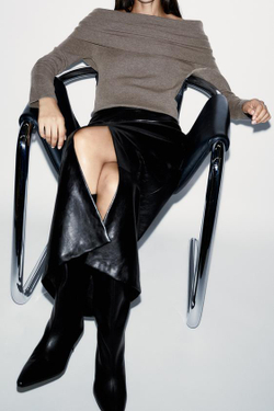 ZARA ЮБКА МИДИ ИЗ ИСКУССТВЕННОЙ КОЖИ, ЧЕРНЫЙ