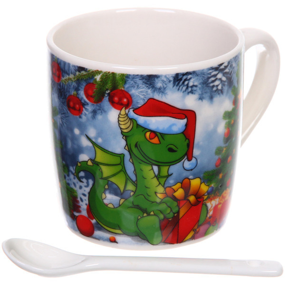 Кружка керамическая 200мл в наборе 2шт с ложками» Загадочный Дракон»