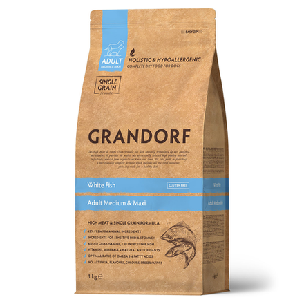 GRANDORF White Fish Adult Medium&Maxi - белая рыба с бурым рисом для средних, крупных собак от 1 года (Биоразлагаемая упаковка)