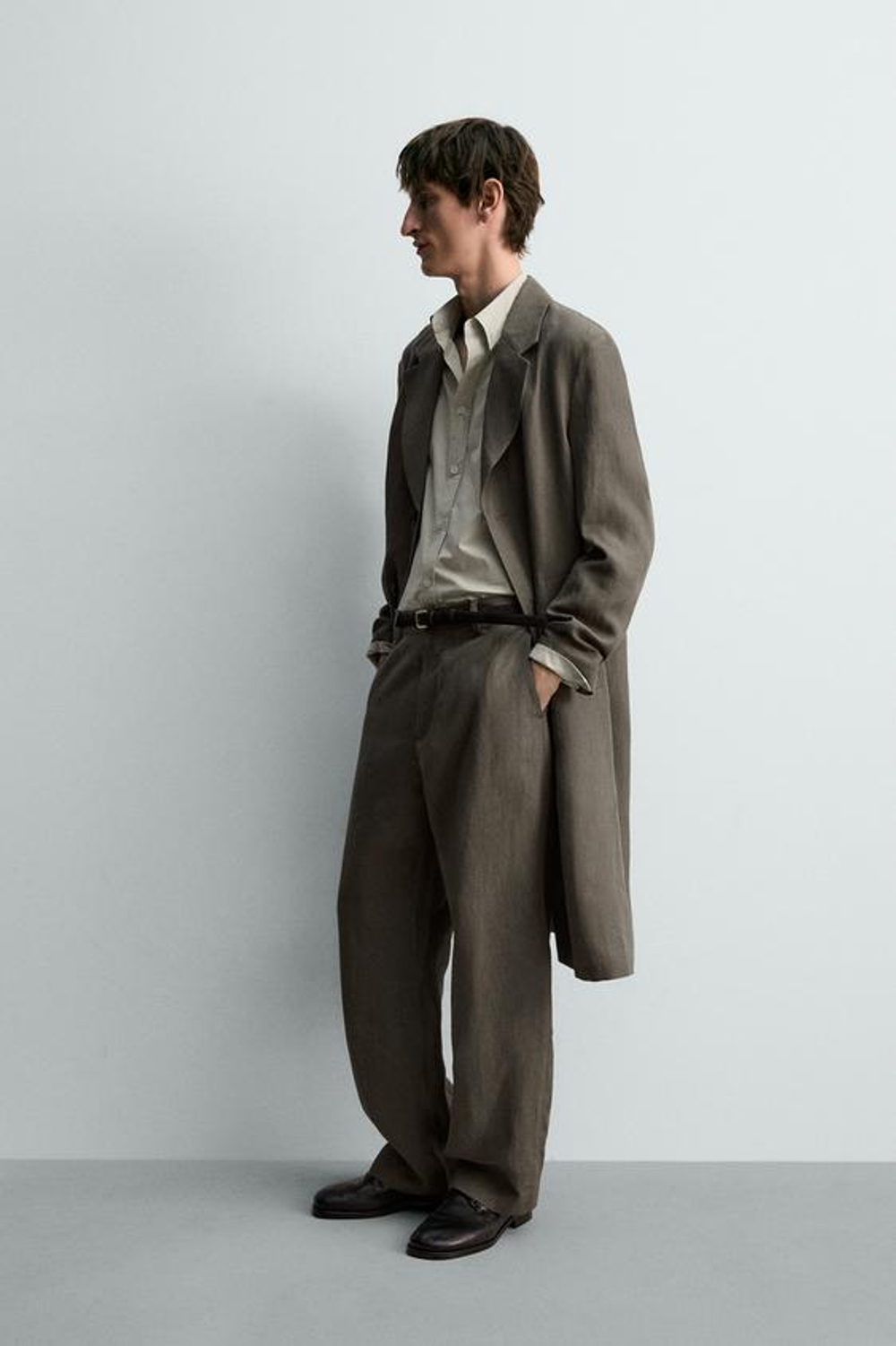 ZARA БРЮКИ ПРЯМОГО КРОЯ ИЗ 100% ЛЬНА LIMITED EDITION, ЗЕЛЕНЫЙ/СЕРЫЙ