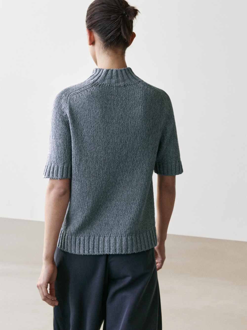 Massimo Dutti Свитер из смесового хлопка с высоким воротником, серо-синий