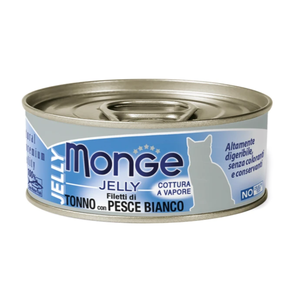 Monge jelly влажный корм для взрослых кошек с желтоперым тунцом и белой рыбой, консервы 80 г