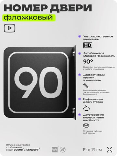 Табличка флажковая с номером 90 на дверь квартиры, для офиса, кабинета, аудитории, склада, черная двустороняя 19х19 см, Айдентика Технолоджи