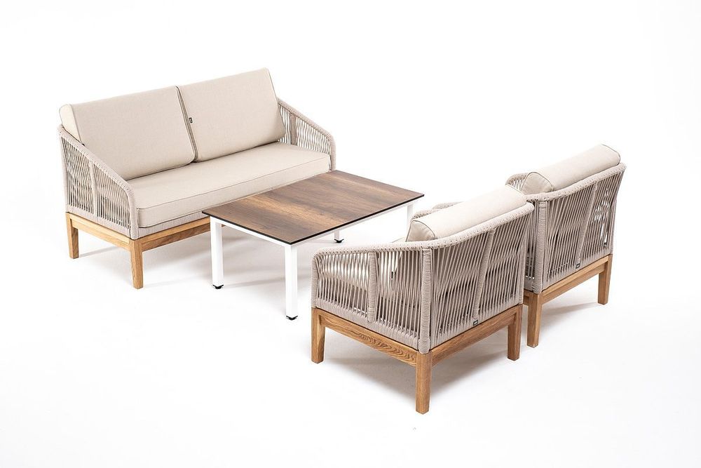 "Канны" лаунж-зона 4-местная из роупа со столиком "Канны" цвета "дуб", основание дуб, роуп бежевый