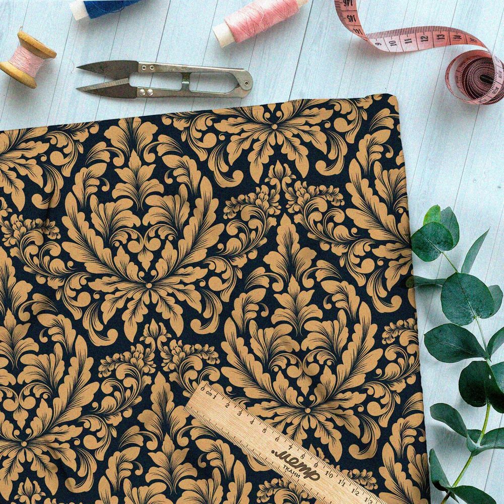 Ткань флис бронзовый симметричный узор на чёрном фоне