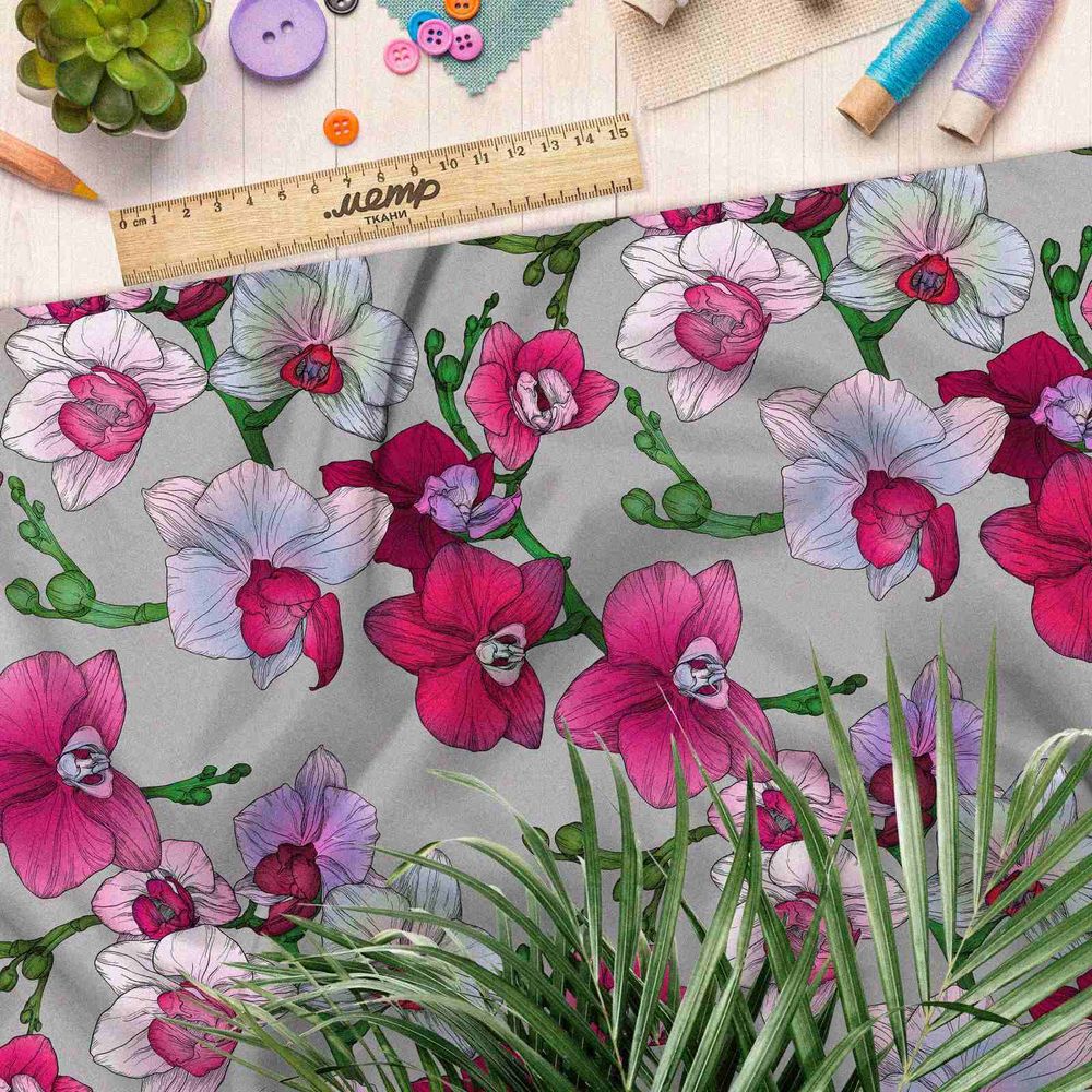 Ткань дюспо контрастные цветочки на сером