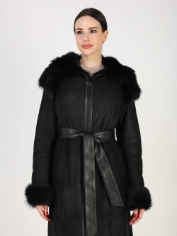 Дубленка зимняя натуральная с капюшоном длинная