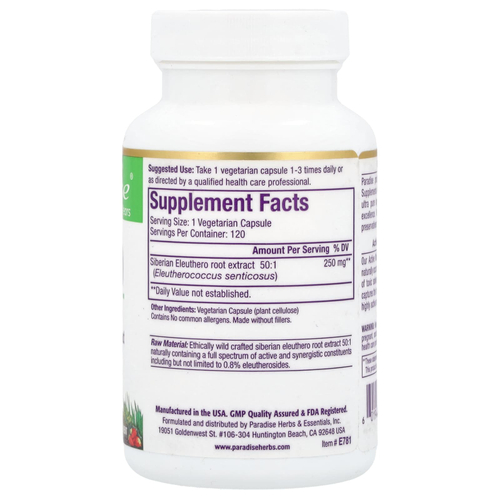 Paradise Herbs, Eleuthero, 120 вегетарианских капсул (250 мг на капсулу)