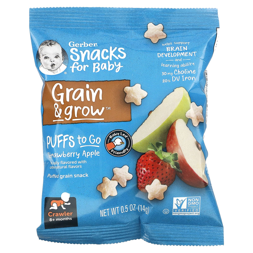 Gerber, Snacks for Baby, Grain & Grow, Puffs to Go, злаковый снек, для детей от 8 месяцев, клубника и яблоко, 12 порционных упаковок по 14 г (0,5 унции)
