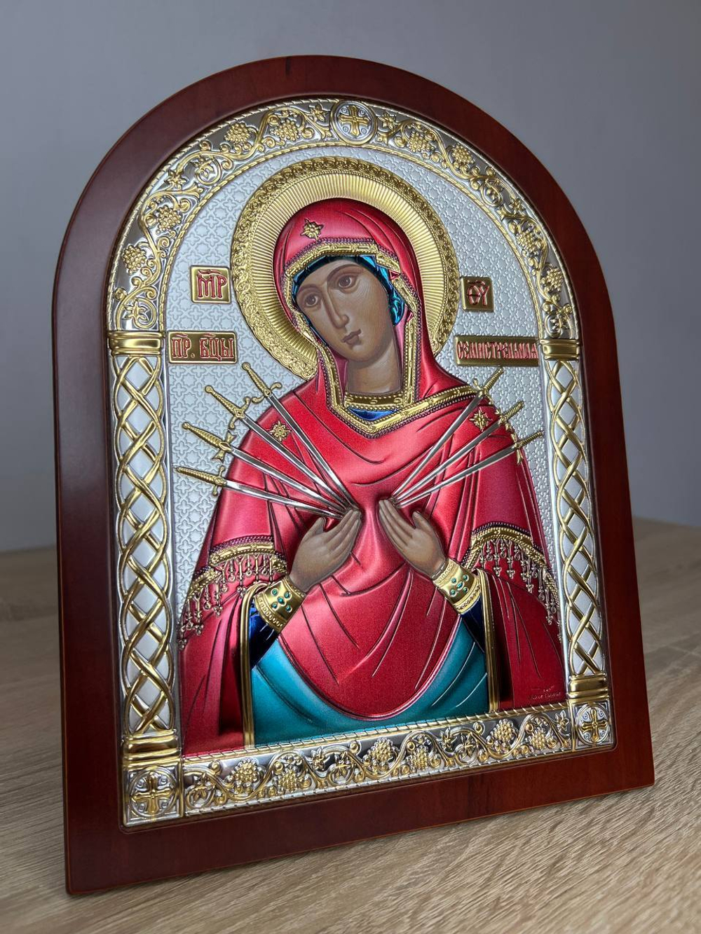 Семистрельная БМ, икона арочная, красное дерево, эмаль 150х200