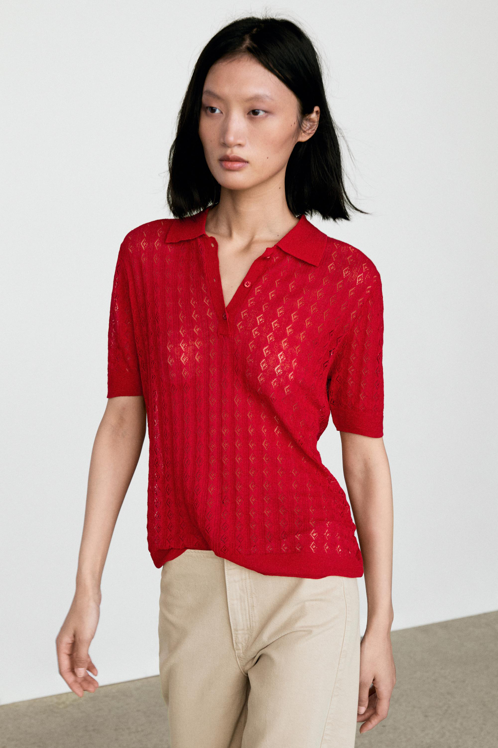 Massimo Dutti Трикотажное поло с ажурным узором, красный