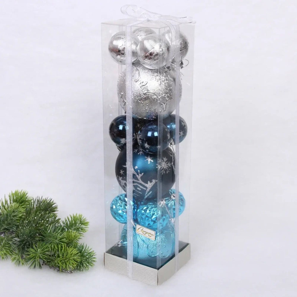 Набор шаров «Winter ice» 10 см + 5 см (15 предметов), Серебро/Сапфир/Голубой