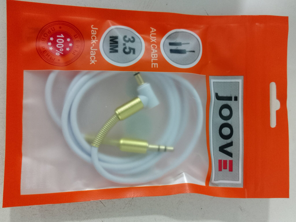 Кабель Аудио 3,5 Jack - 3,5 Jack  (aux) "JOOVE" 1м, белый, металл, Угловой штекер