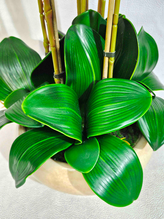 Орхидеи бело-лиловые 7 веток 65 см в широком кашпо