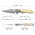 Складной туристический нож TRIVISA Apus-02W/P клинок 110 Layers Damascus рукоять дамаск и кость (бежевый)