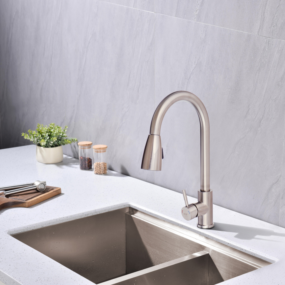 смеситель кухня MELODIA Perfetto из нерж.стали с вытяжным изливом, с подводкой 50см MDV30204ss