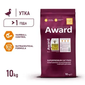 Сухой корм AWARD Hairball & Indoor для взрослых кошек для выведения шерсти с уткой и индейкой с добавлением зеленой чечевицы и Юкки Шидигера