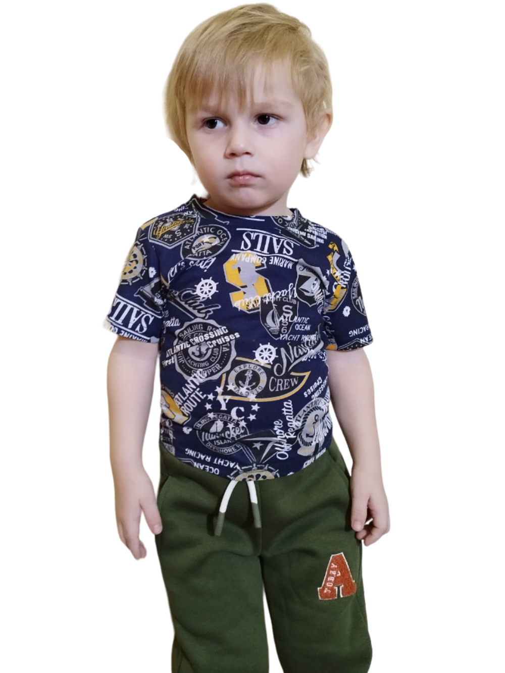 1070 Футболка детская кулирка надписи на синем (72-140)