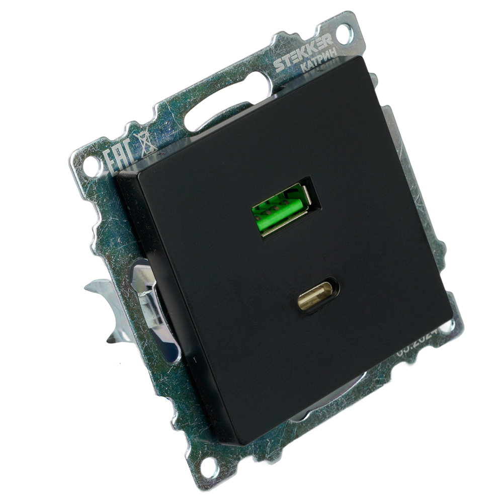 Розетка 2-местная USB + type C (механизм), STEKKER GLS10-7116-05, 250B, 3А, серия Катрин, черный 50055