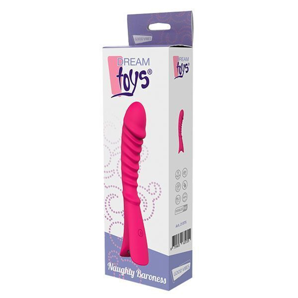 Розовый перезаряжаемый вибратор с ребрышками NAUGHTY BARONESS - 12,5 см. (Цвет: розовый)