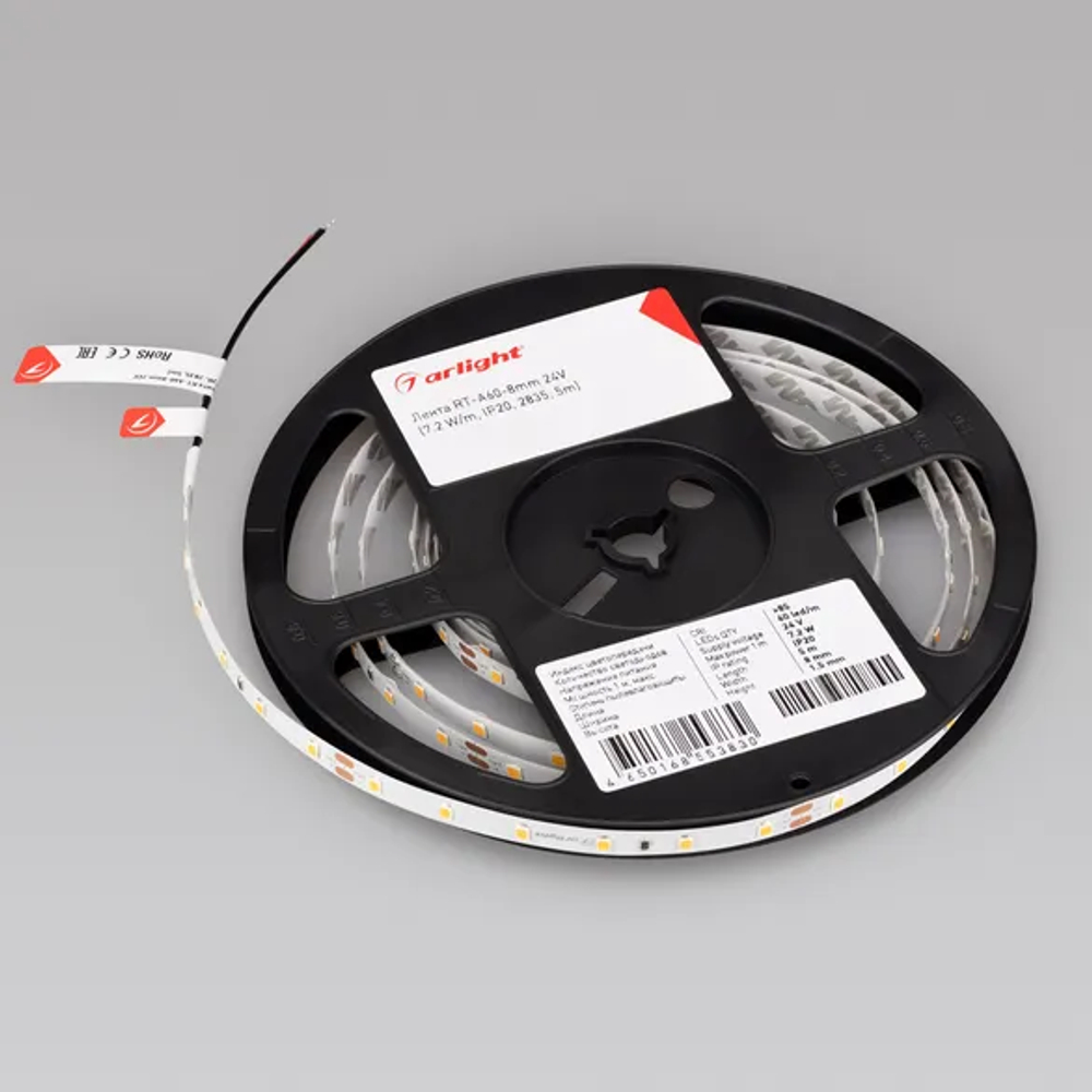 Светодиодная лента RT-A60-8mm 24V Warm2700 (7.2 W/m, IP20, 2835, 5m) (Arlight, Открытый) 020013(2)