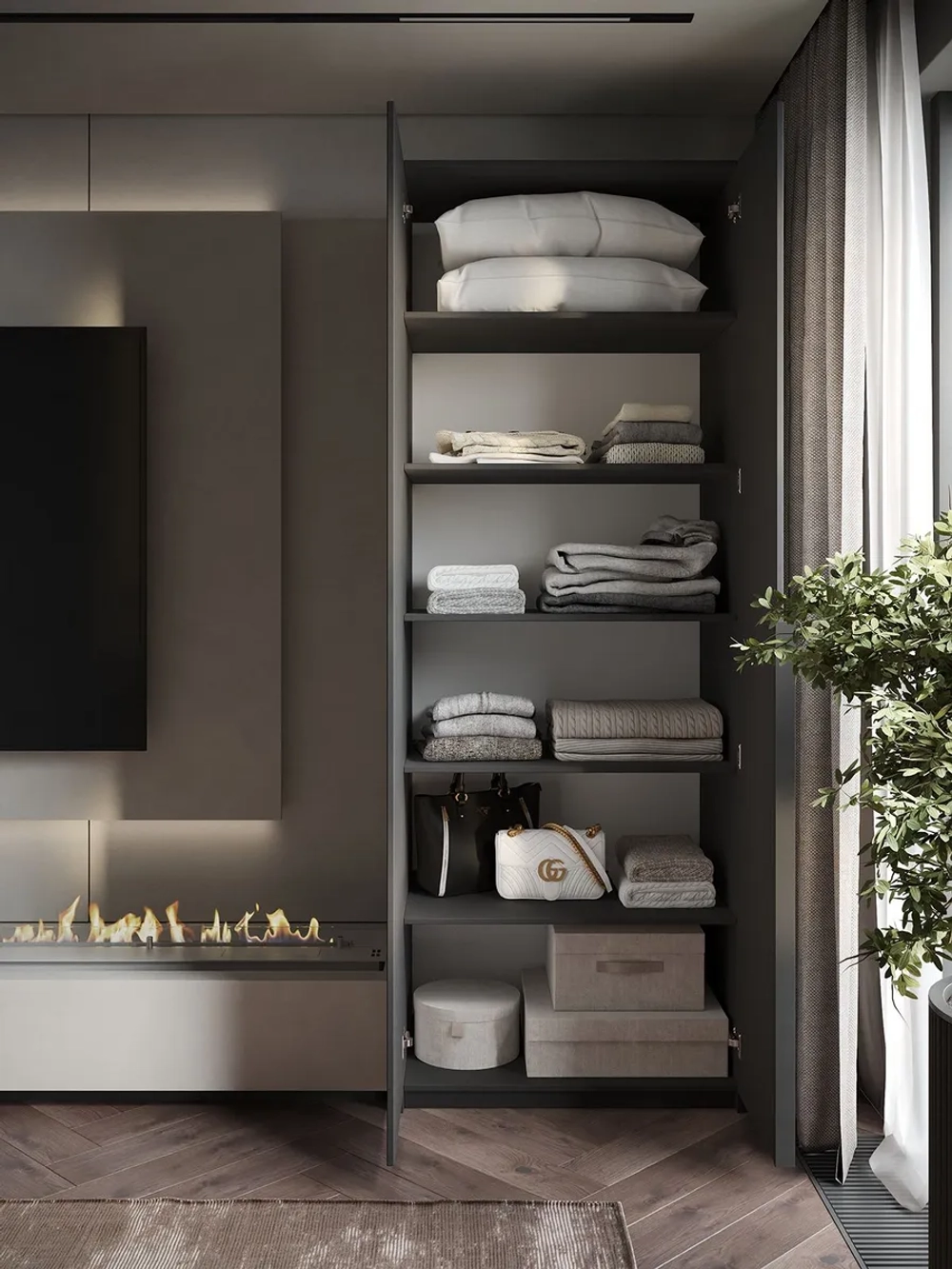 Шкаф Распашной Темно-серый 81х220x52,5 SOHO полки и ручка