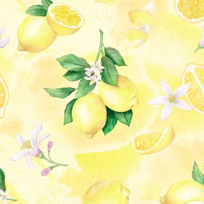 Лимонная веточка с цветами и листьями на желтом фоне
