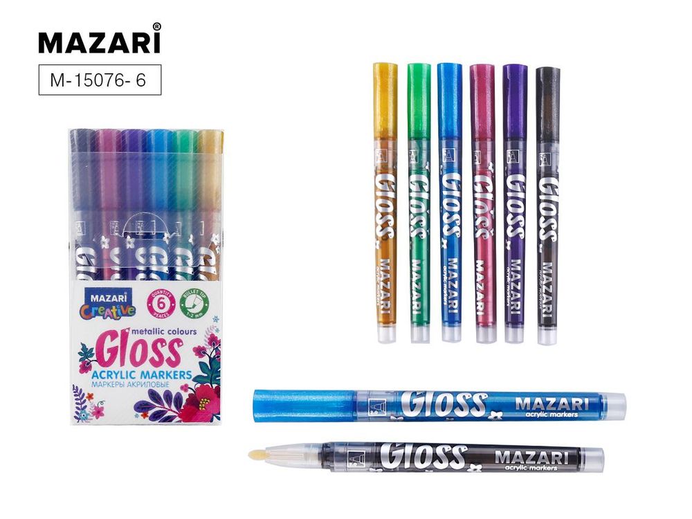 Набор маркеров-красок акриловых 6цв. 1.0-2.0мм. металлик "Gloss" пулевид.наконечник, ПВХ-упаковка (M