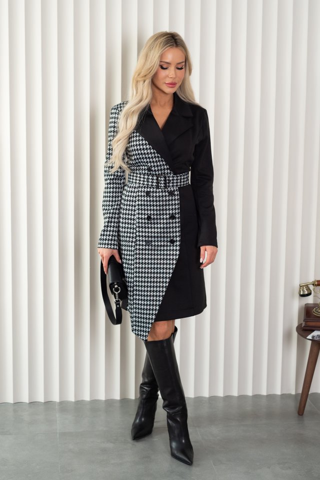 Платье черное комбинированное с принтом гусиная лапка