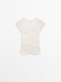 Massimo Dutti Футболка из хлопка со сборкой, натуральный, кремовый