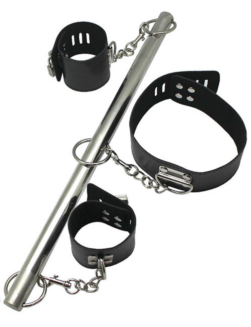 Распорка-фиксация на плечи с ошейником, наручниками и замочками (Цвет: серебряный с черным)