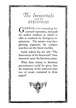 Portraits of musical celebrities; a book of notable testimonials. Steinway, the instrument of the immortals | Steinway & Sons